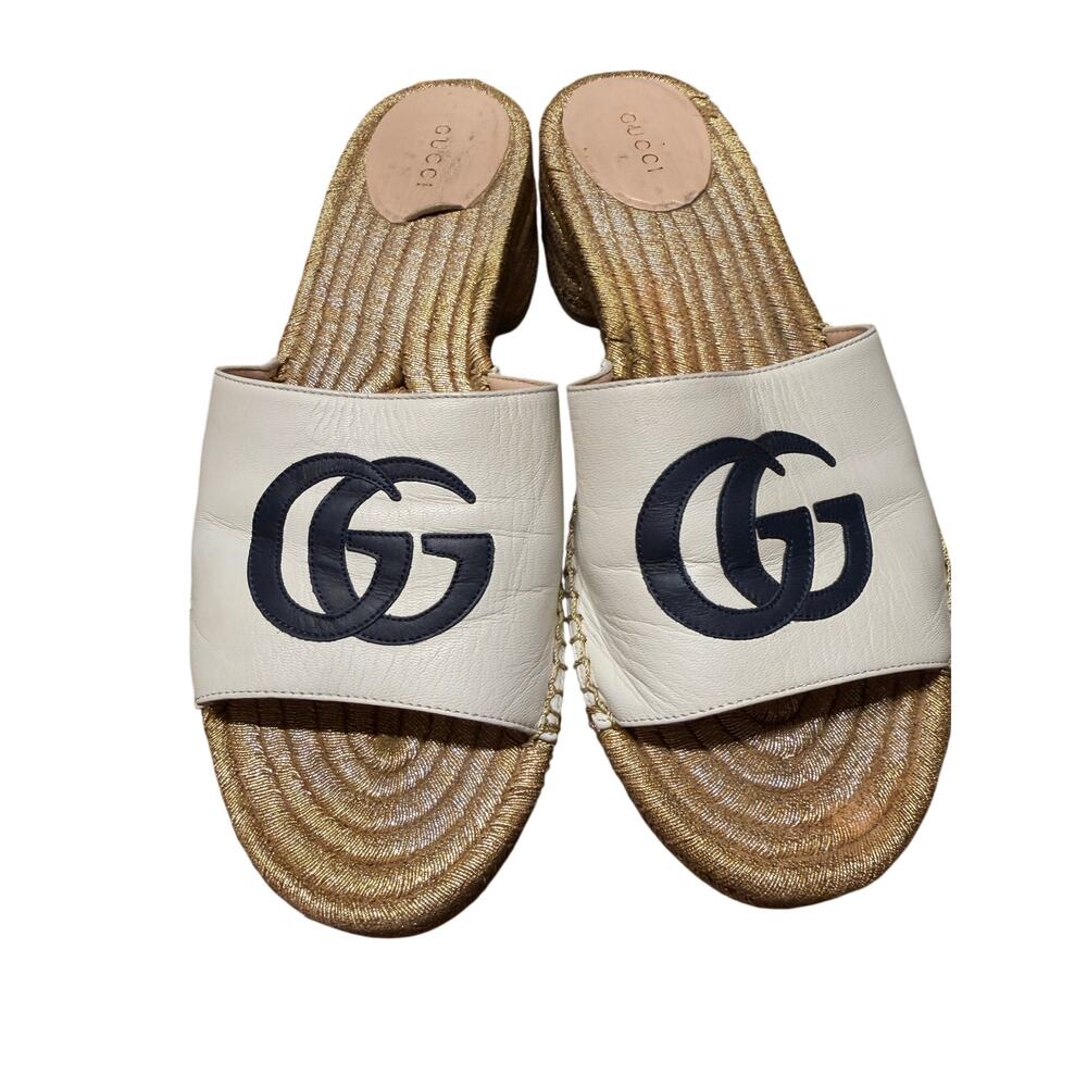 Gucci GG Marmont Platform Slide Sandals 40 Gold Espadrille 655820 - Picture 4 of 9